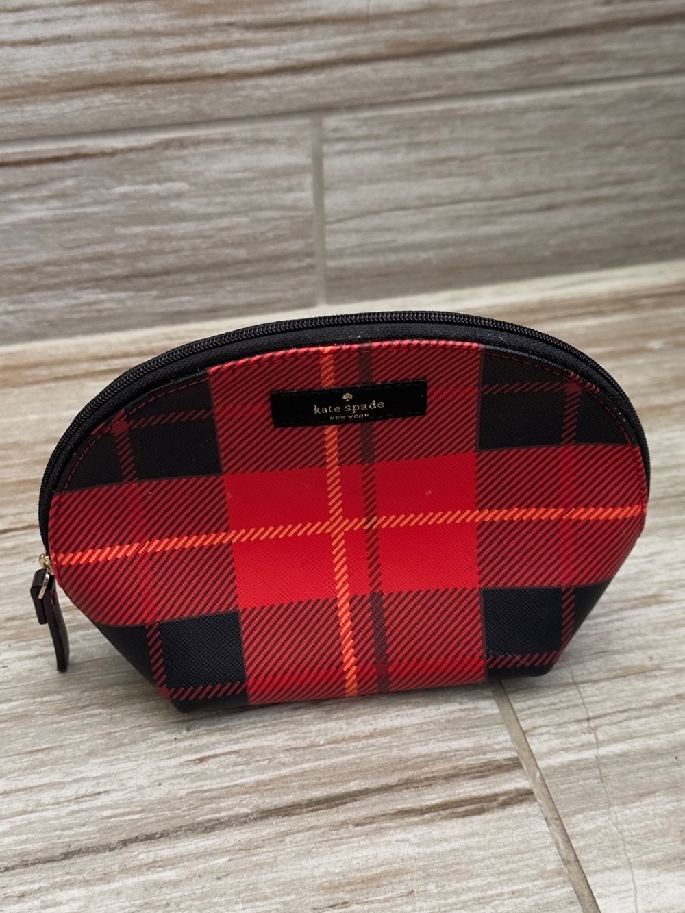 kate spade red and black plaid zip cosmetic case